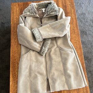 Chicos Faux Khaki Suede Faux Fur Coat - SZ 2 or Medium Taupe Gray Tan Penny Lane
